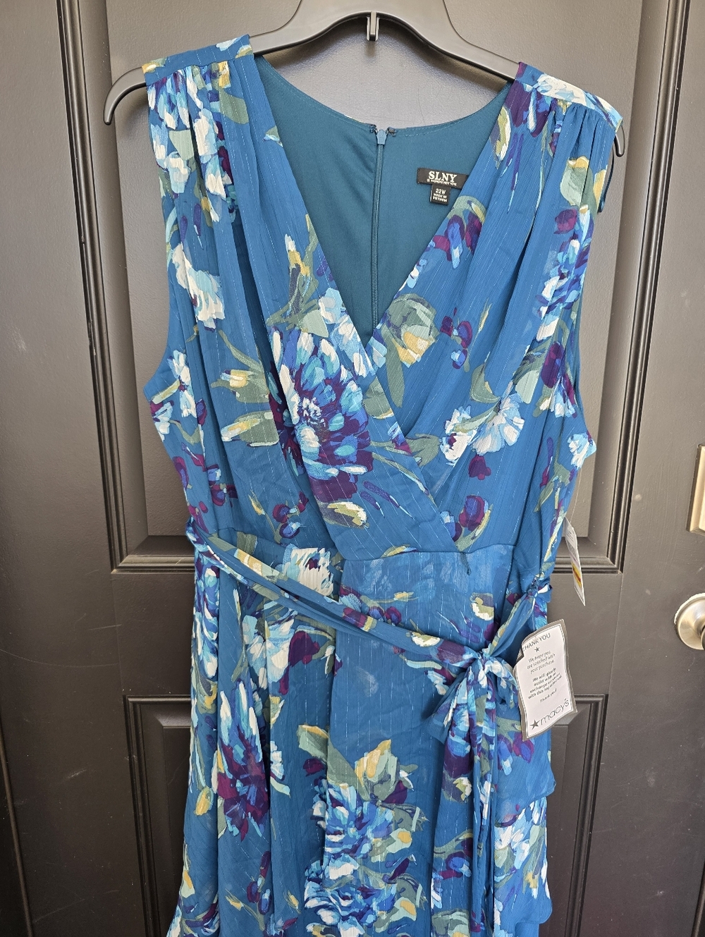 SLNY Women’s 22W Teal Floral Wrap Dress Plus Size Sleeveless V Neck Chiffon Midi - Picture 5 of 9